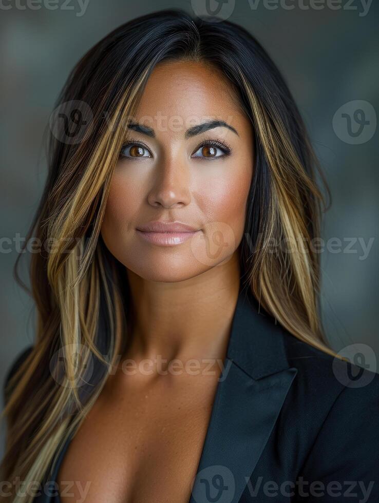 A woman with long dark hair and golden highlights stares confidently at the camera photo