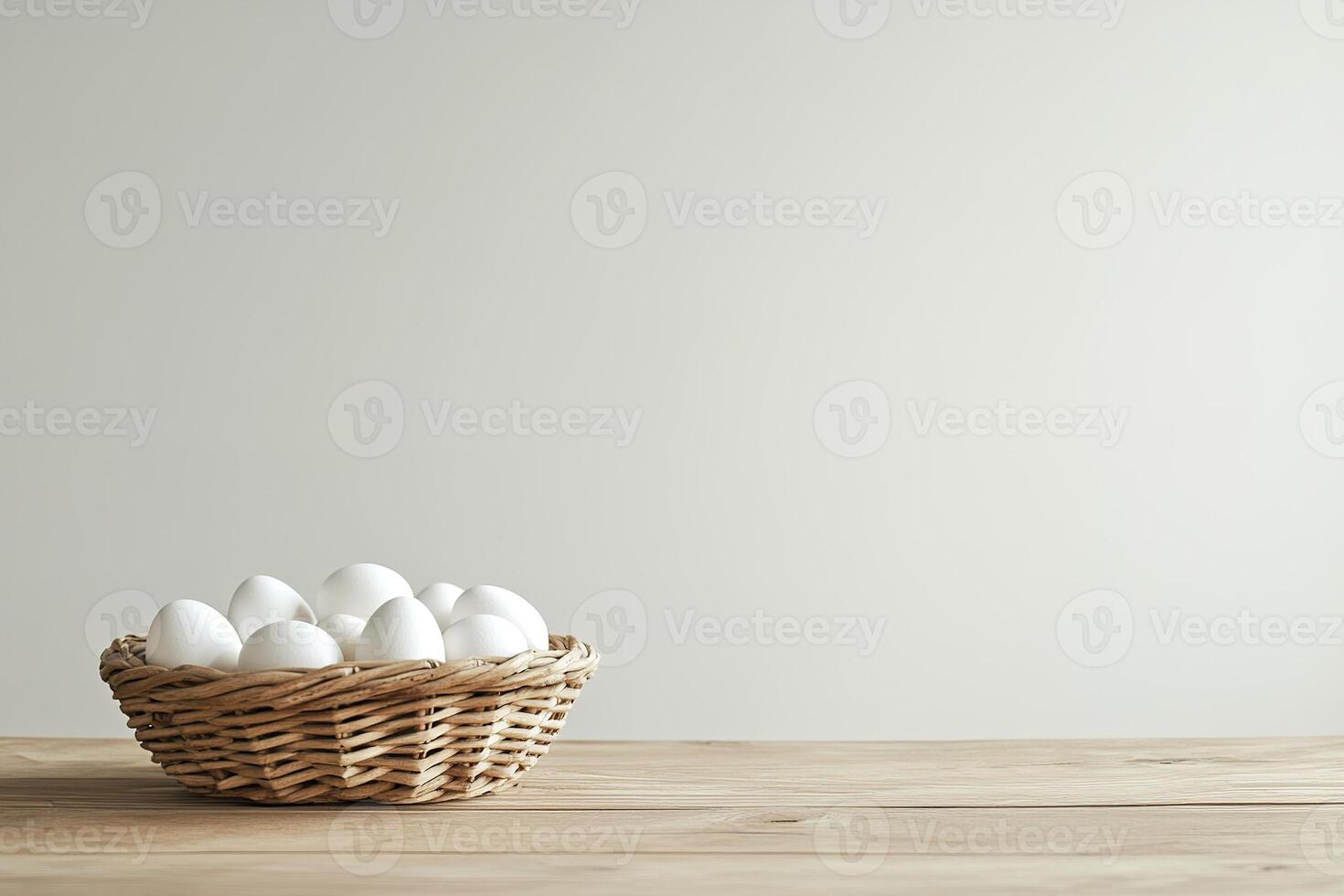 Minimalist Nordic-style setting with a wicker basket filled with white eggs on a light wooden background, accentuated by soft natural light for a calming and rustic effect photo