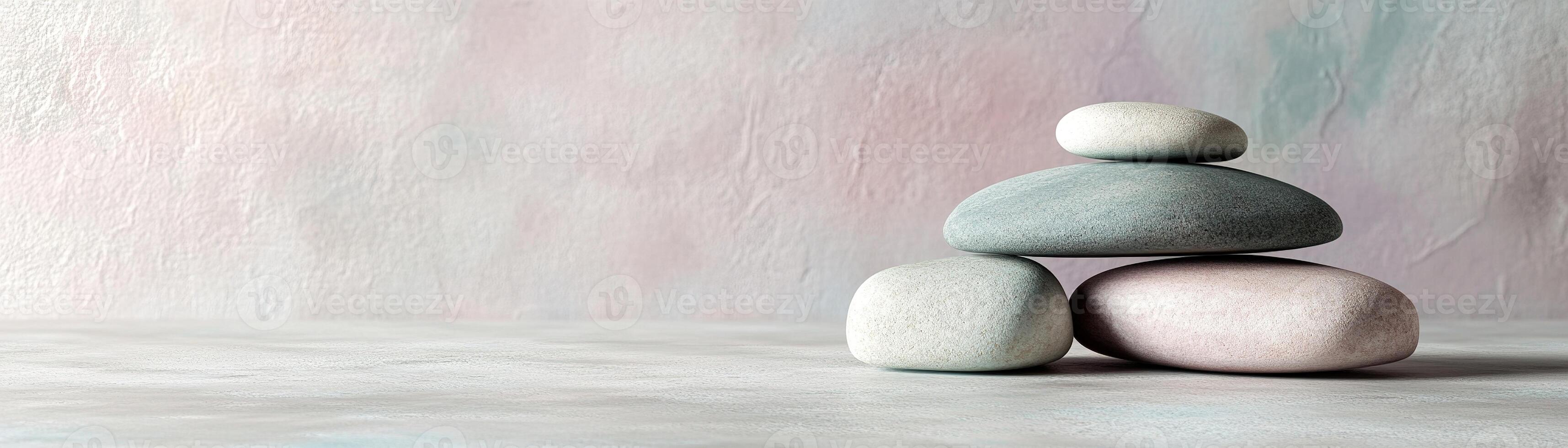 Minimalist Nordic background design featuring smooth stones and soft pastel accents for calming aesthetics and ample space for text overlay photo