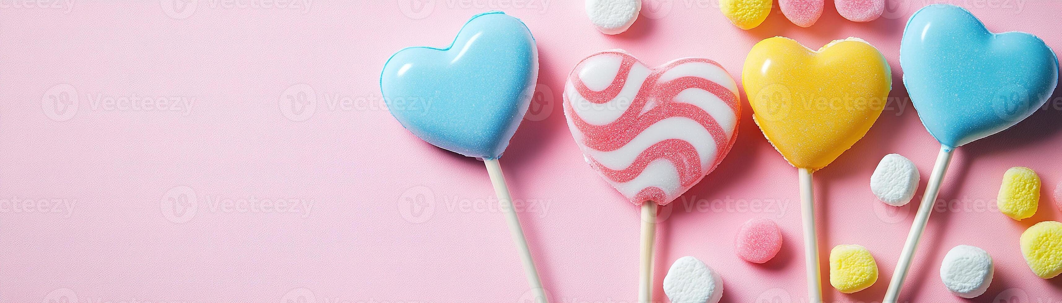 Colorful candy-themed background perfect for Valentine's Day with playful lollipop hearts and marshmallow bunnies photo