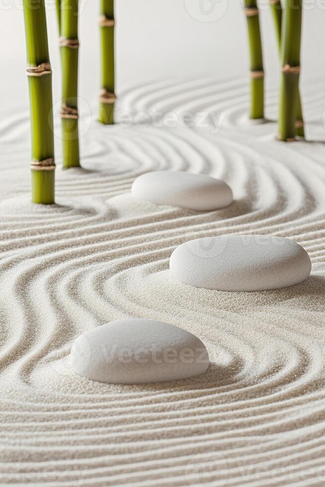Explore the calming beauty of a minimalist zen garden with smooth white stones and gentle ripples in the sand photo