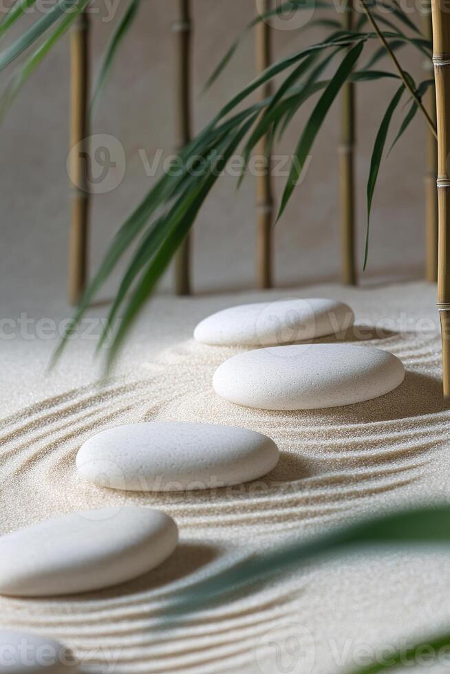 Create a calming atmosphere with a minimalist zen garden background featuring smooth stones, elegant bamboo, and harmonious sand patterns inviting relaxation and mindfulness photo