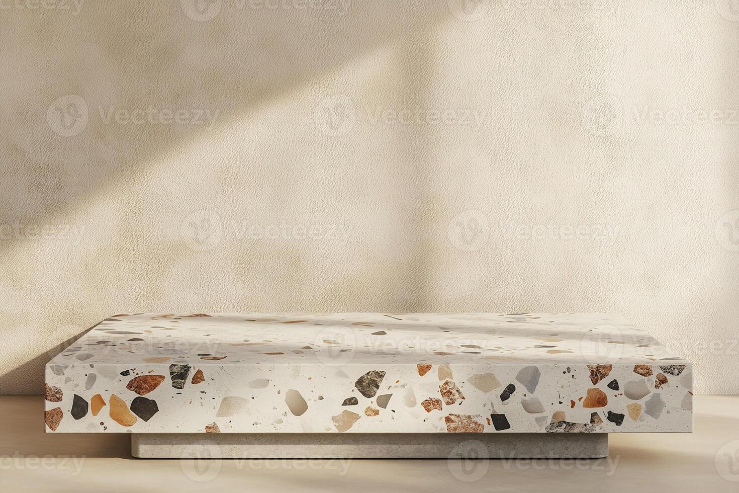 Modern Nordic podium design featuring terrazzo and concrete against a soft beige background with ample space for text photo