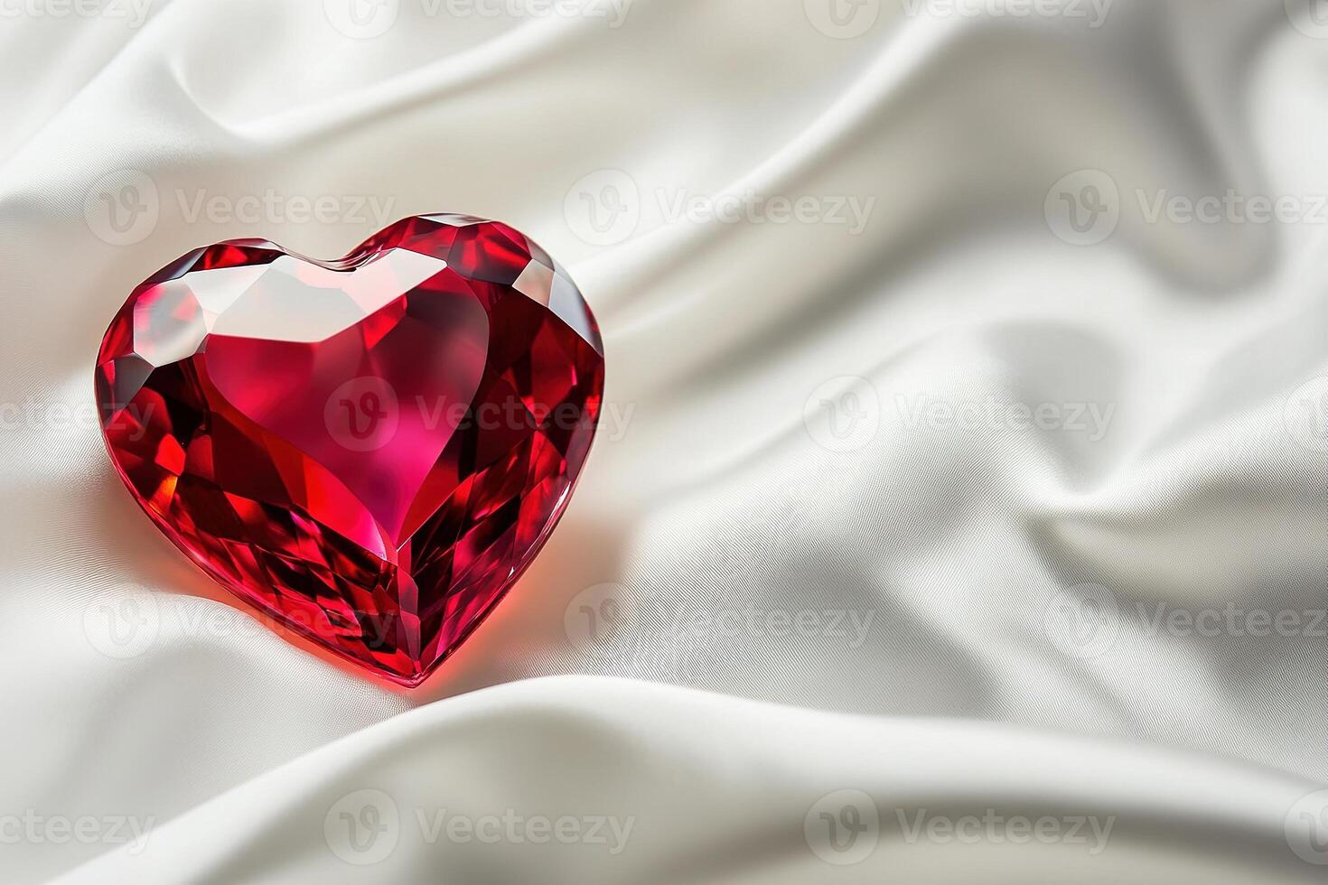 Premium Valentine's card design featuring a crystal heart on luxurious white silk fabric with a refined layout for heartfelt messages photo