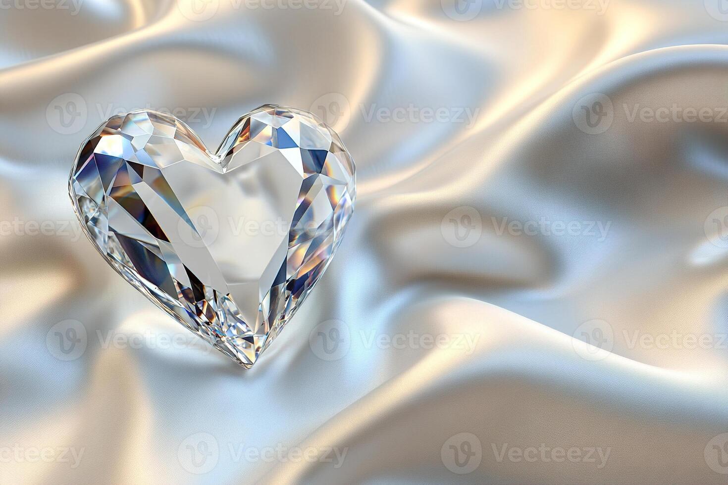 Premium Valentine's card design featuring a crystal heart on smooth white silk fabric with luxurious reflections and ample space for personalized messages photo