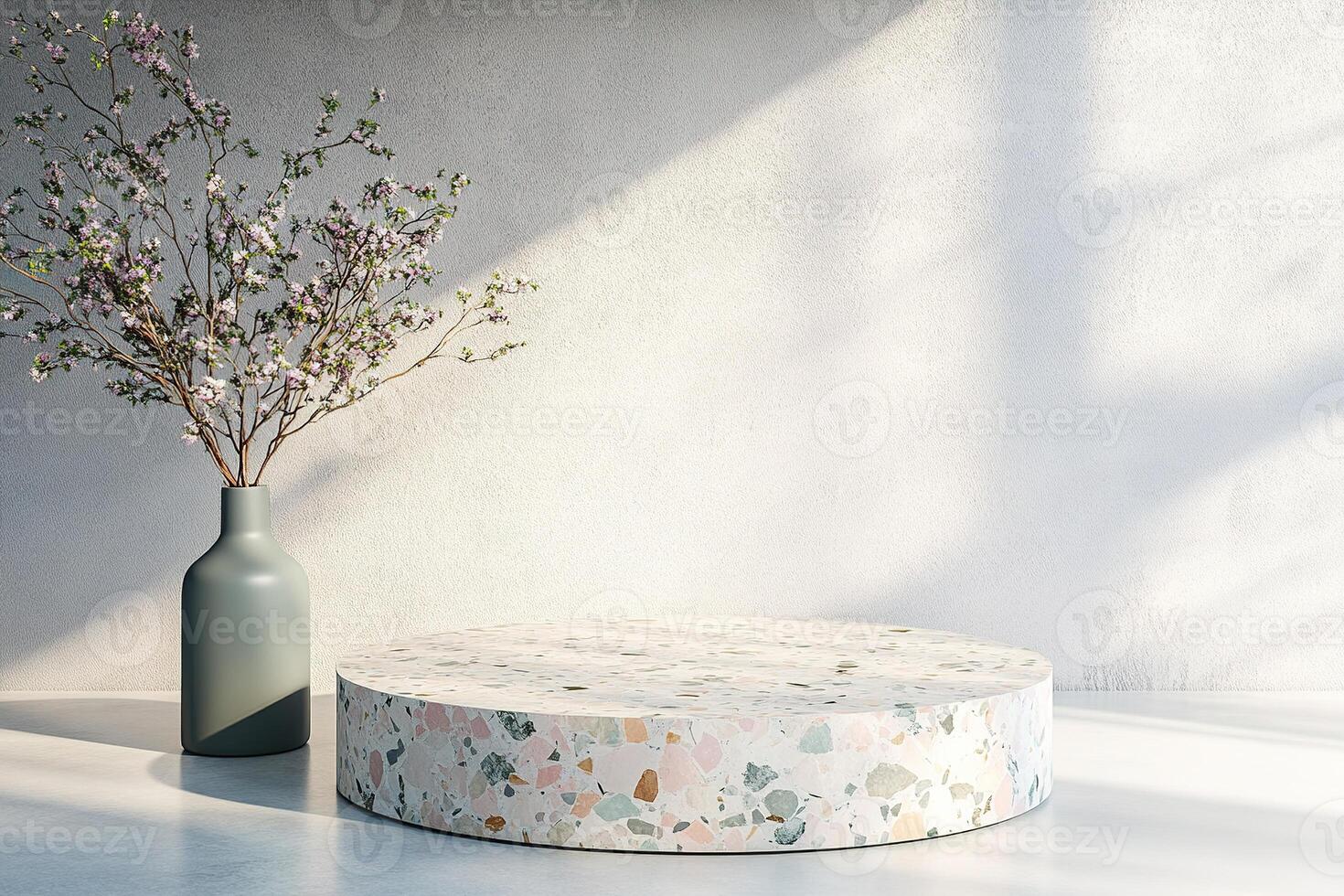 Sleek terrazzo podium with natural stone chips displayed in a modern Nordic setting ideal for presentations or exhibitions photo