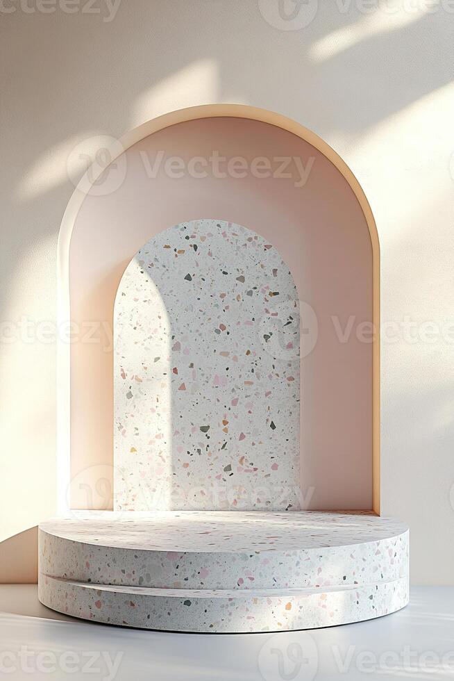 Sleek terrazzo podium featuring muted pastel stone chips, set in a modern Nordic style with ample space for text overlay against a soft neutral background photo