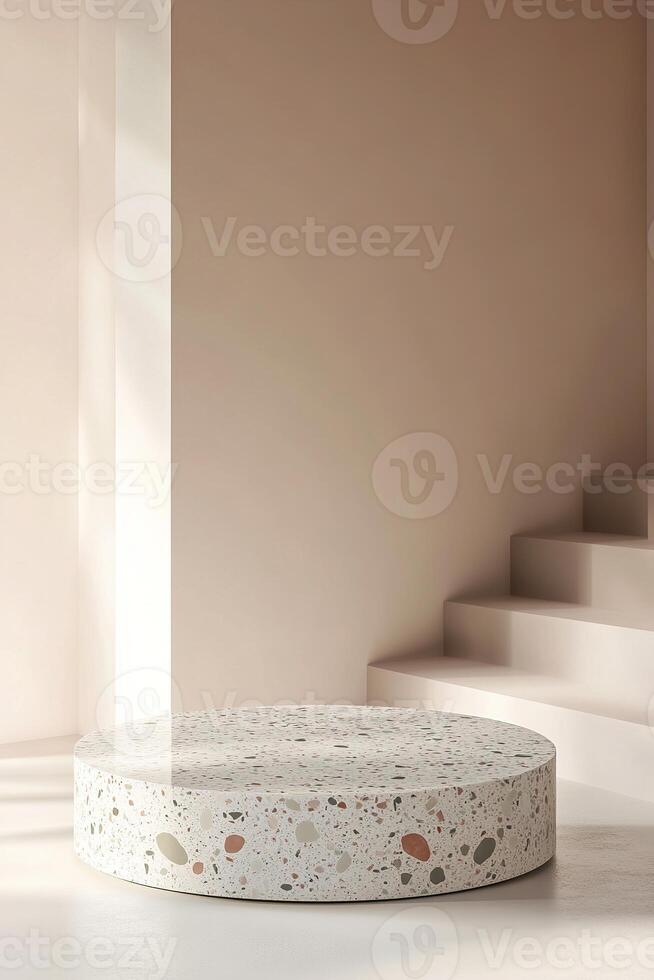 Sleek terrazzo podium showcasing natural stone chips in pastel hues against a soft neutral backdrop, perfect for modern displays or events photo