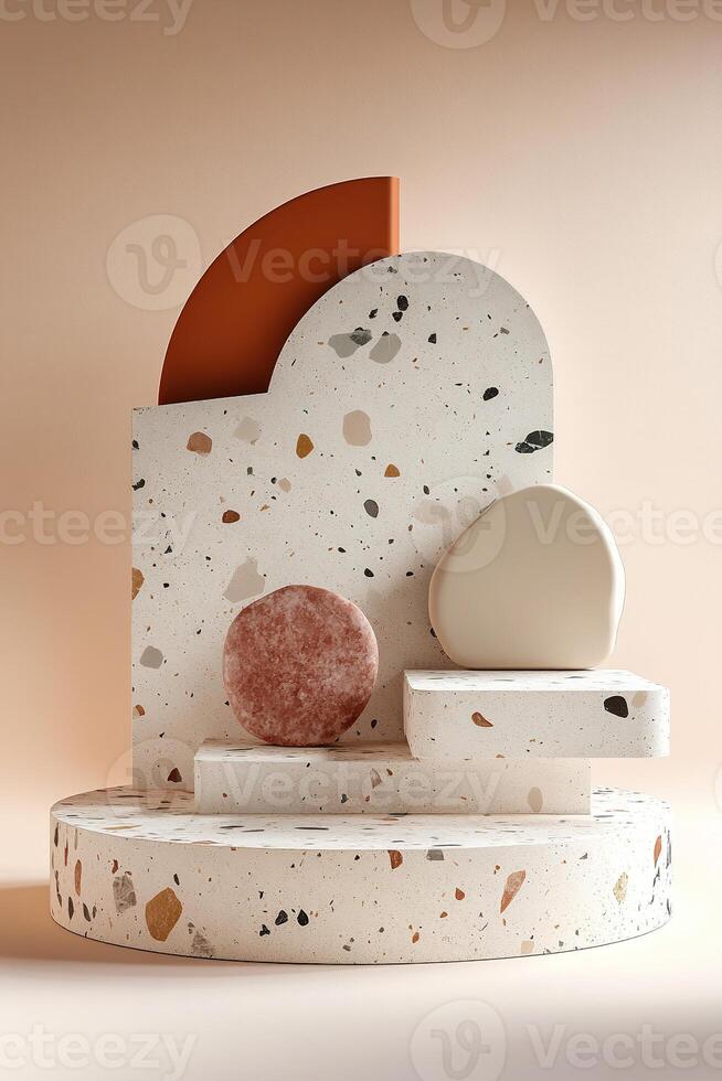 Discover unique design with an abstract terrazzo podium featuring organic shapes and clay accents against a light pastel background in ultra-HD resolution photo