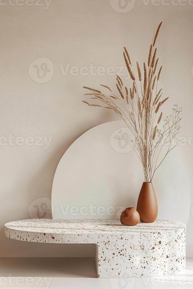 Unique abstract podium designed with terrazzo and clay accents, showcasing organic shapes and natural textures against a light pastel background, inspired by modern Scandinavian aesthetics photo