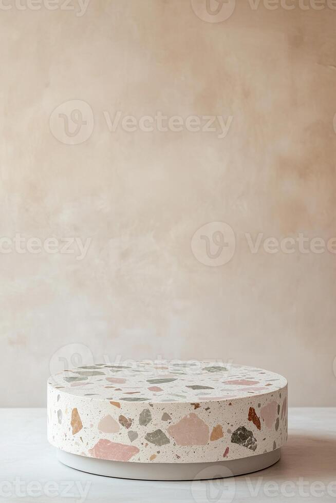 Sleek terrazzo podium featuring natural stone chips in pastel colors against a soft neutral backdrop for modern displays in Nordic style photo