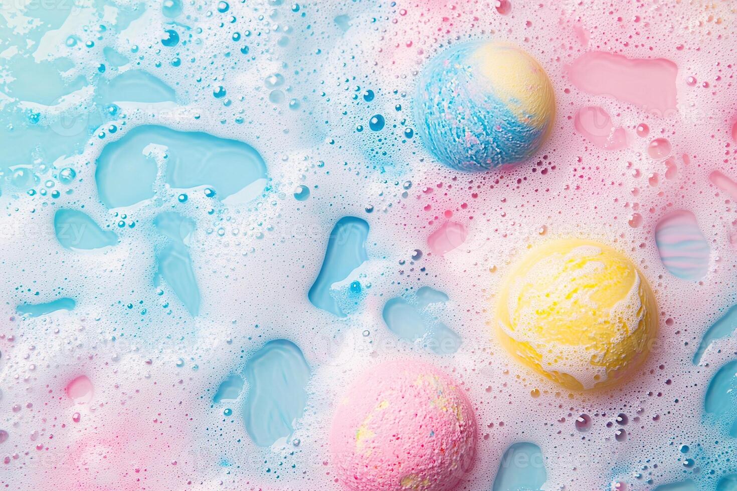Colorful bath bombs dissolve in soft pastel water creating a serene and luxurious atmosphere for relaxation and enjoyment photo
