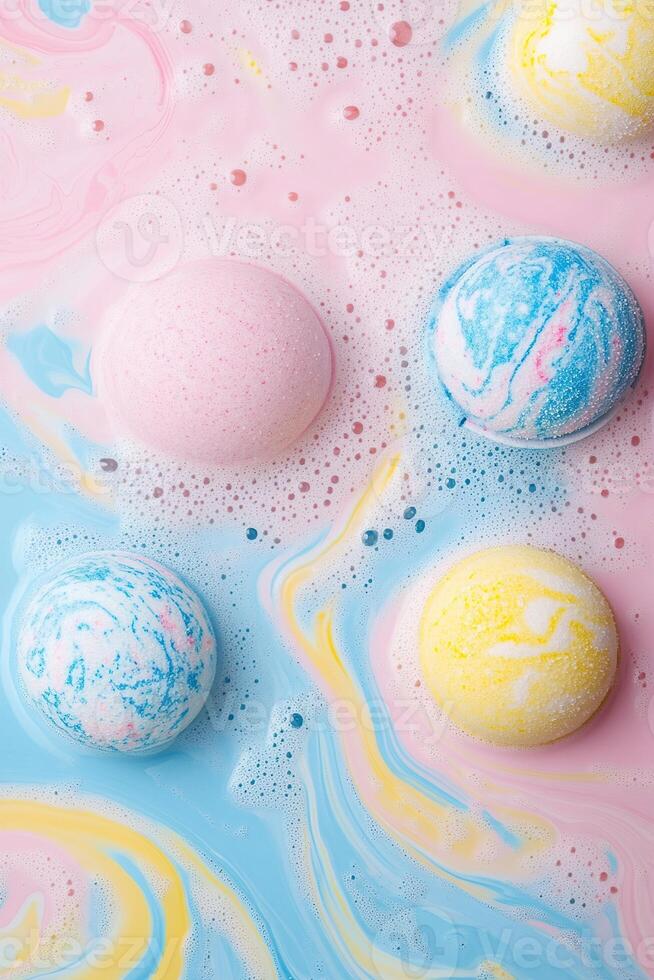 Colorful bath bombs dissolving peacefully in pastel water, creating serene swirls of pink, blue, and yellow for an inviting and relaxing atmosphere photo