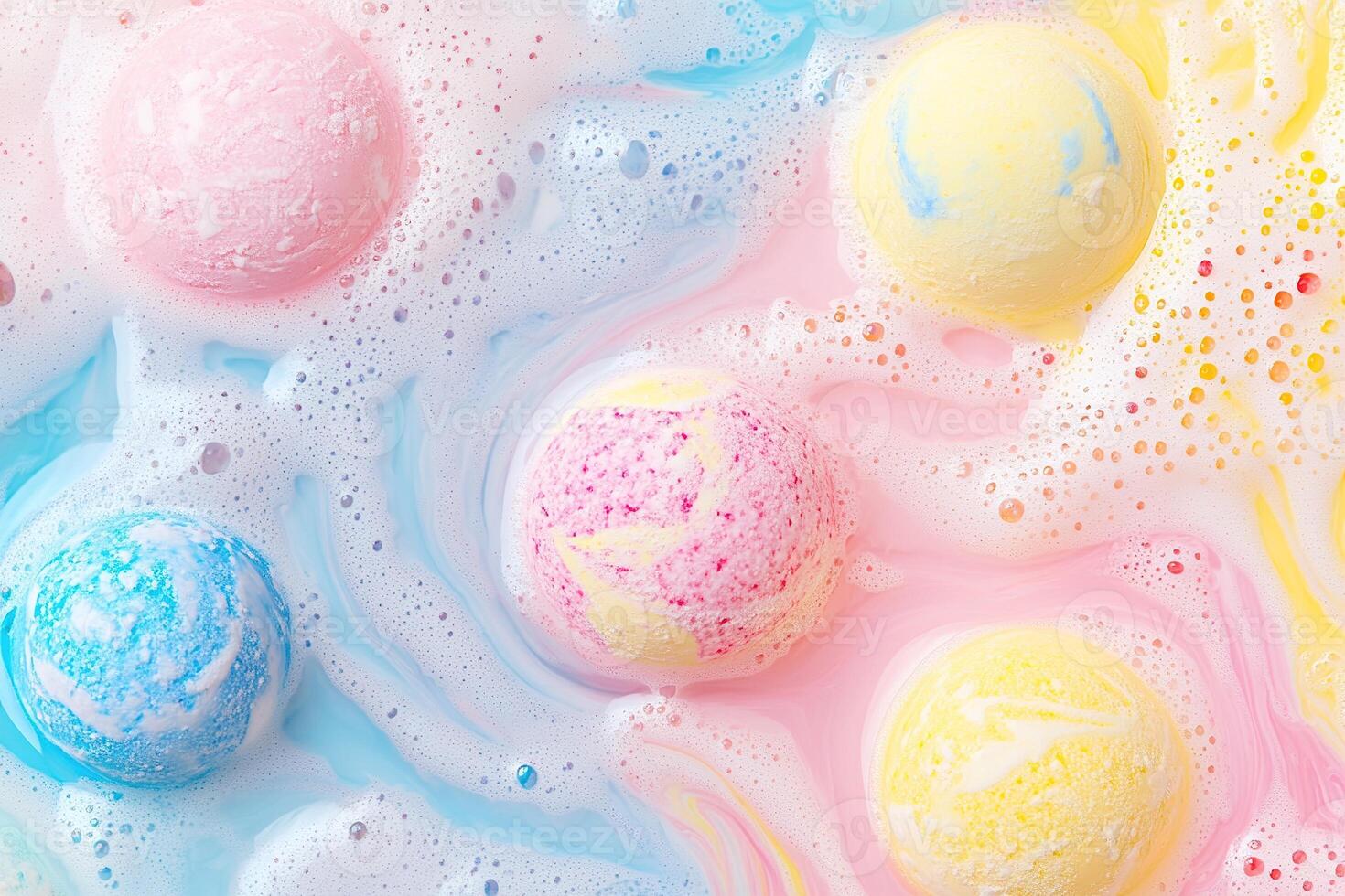 Calmness and luxury blend with colorful bath bombs dissolving in pastel hues of pink, blue, and yellow creating soothing swirls in water photo