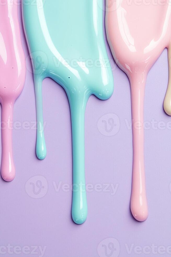 Colorful nail polish drips in pastel shades create a cheerful and playful background for creative projects or beauty content photo