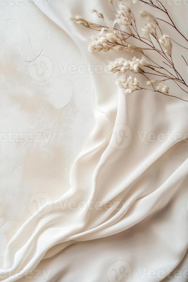 Elegant abstract mood board layout with fabric and paper swatches set against a soft neutral background photo