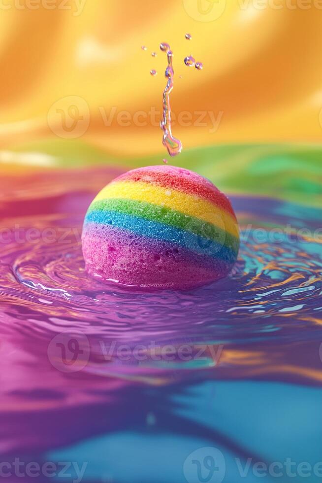 Colorful bath bomb dissolving in water creates vibrant patterns and playful swirls in ultra-HD resolution suitable for creative designs photo