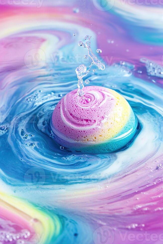 Vibrant rainbow-colored bath bomb creates mesmerizing patterns in water with playful swirling effects and ample space for text overlay photo