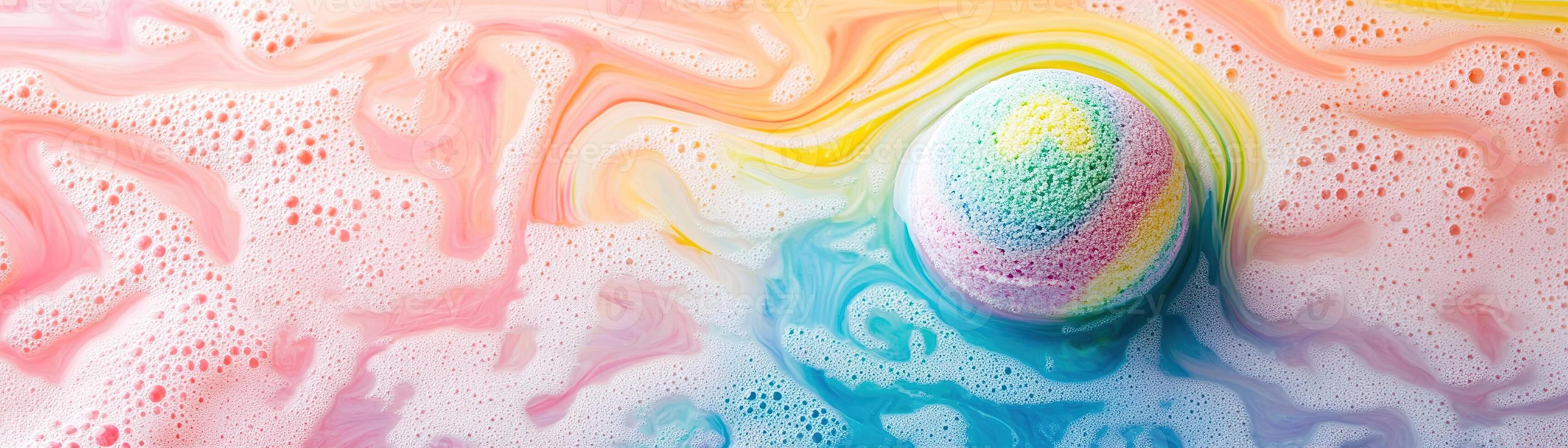 Dissolving rainbow bath bomb creates vibrant swirls in water with plenty of space for text overlay photo