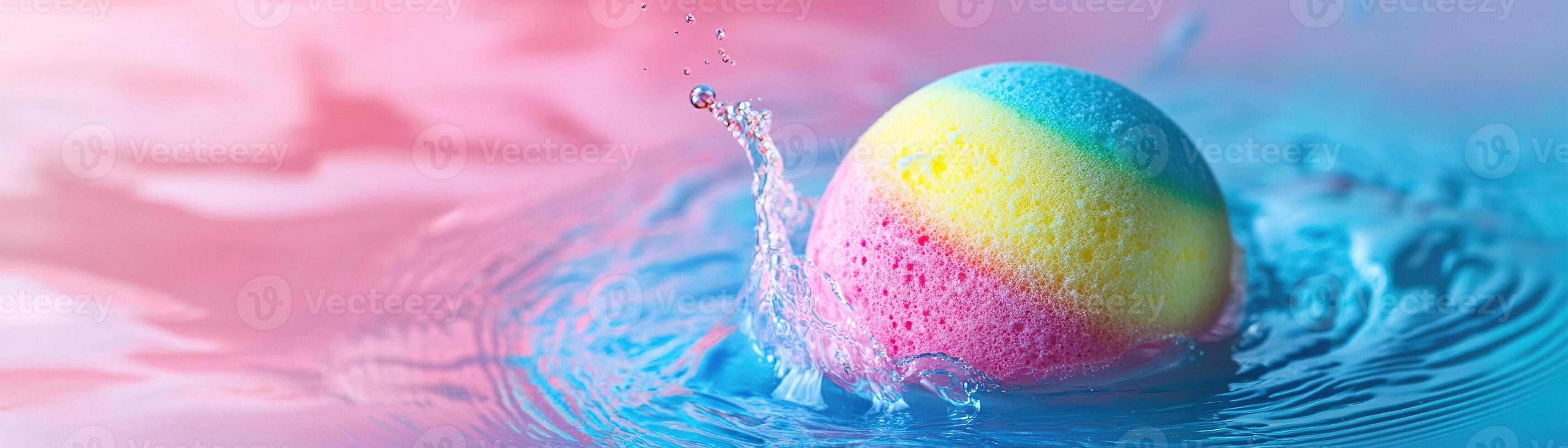 Vibrant rainbow bath bomb dissolving in water creating swirling patterns with large negative space for text overlay photo