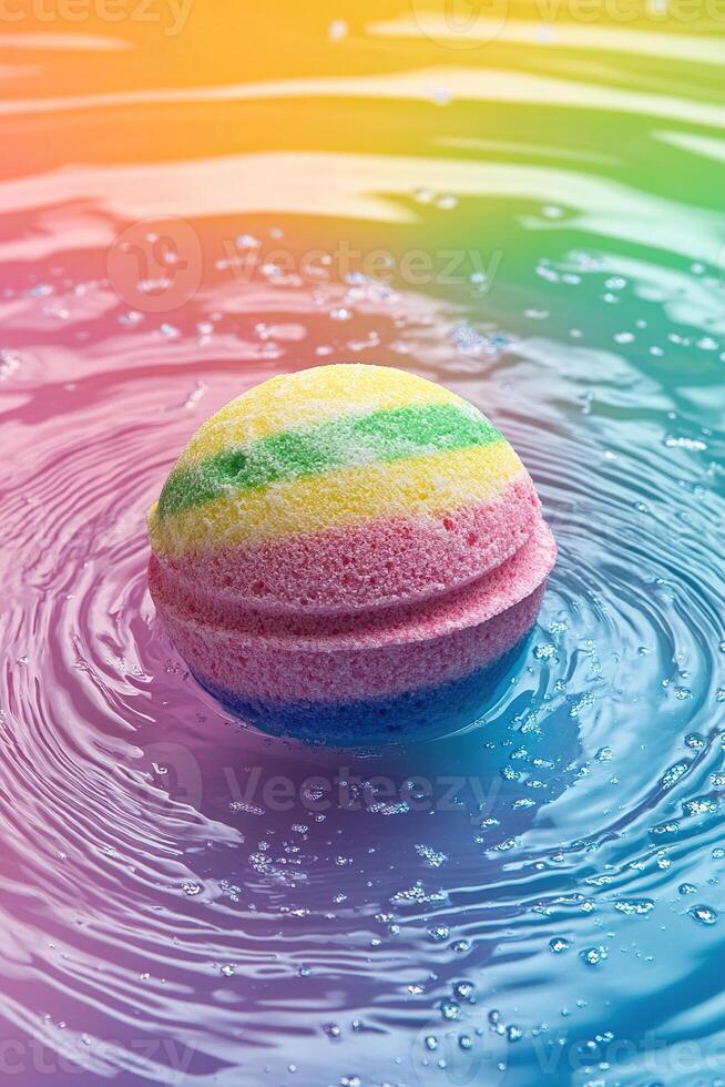 Swirling colors of a vibrant bath bomb dissolving in water create a playful, abstract background with ample space for text photo