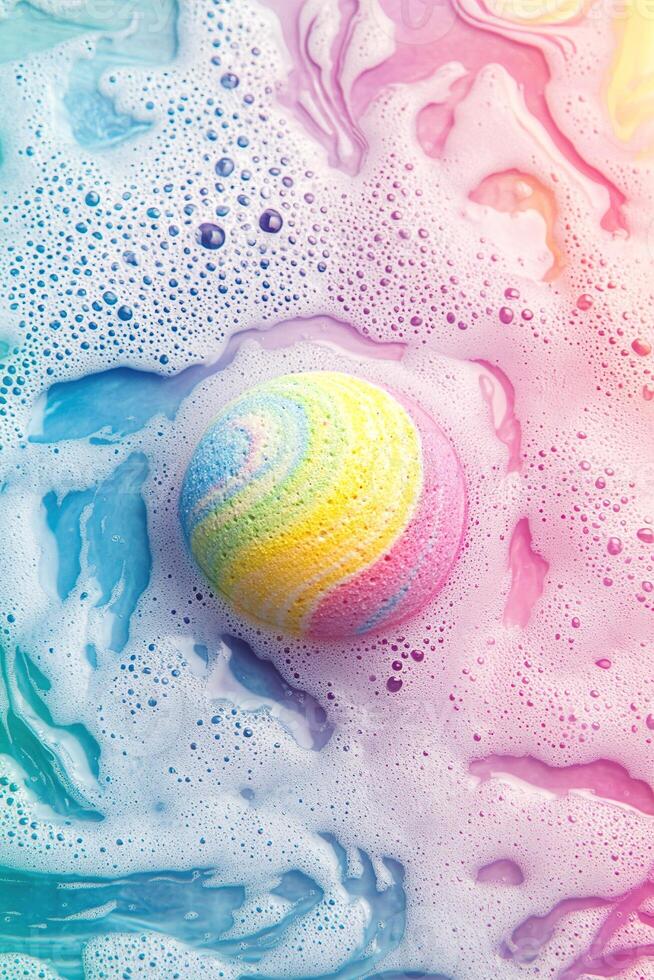 Vibrant bath bomb dissolves in water, creating swirling rainbow patterns against a pastel background photo