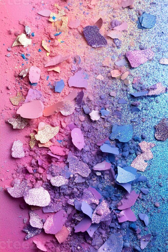 Colorful pastel glitter eyeshadow pigments scattered on a rainbow gradient background with clean space for text overlay photo