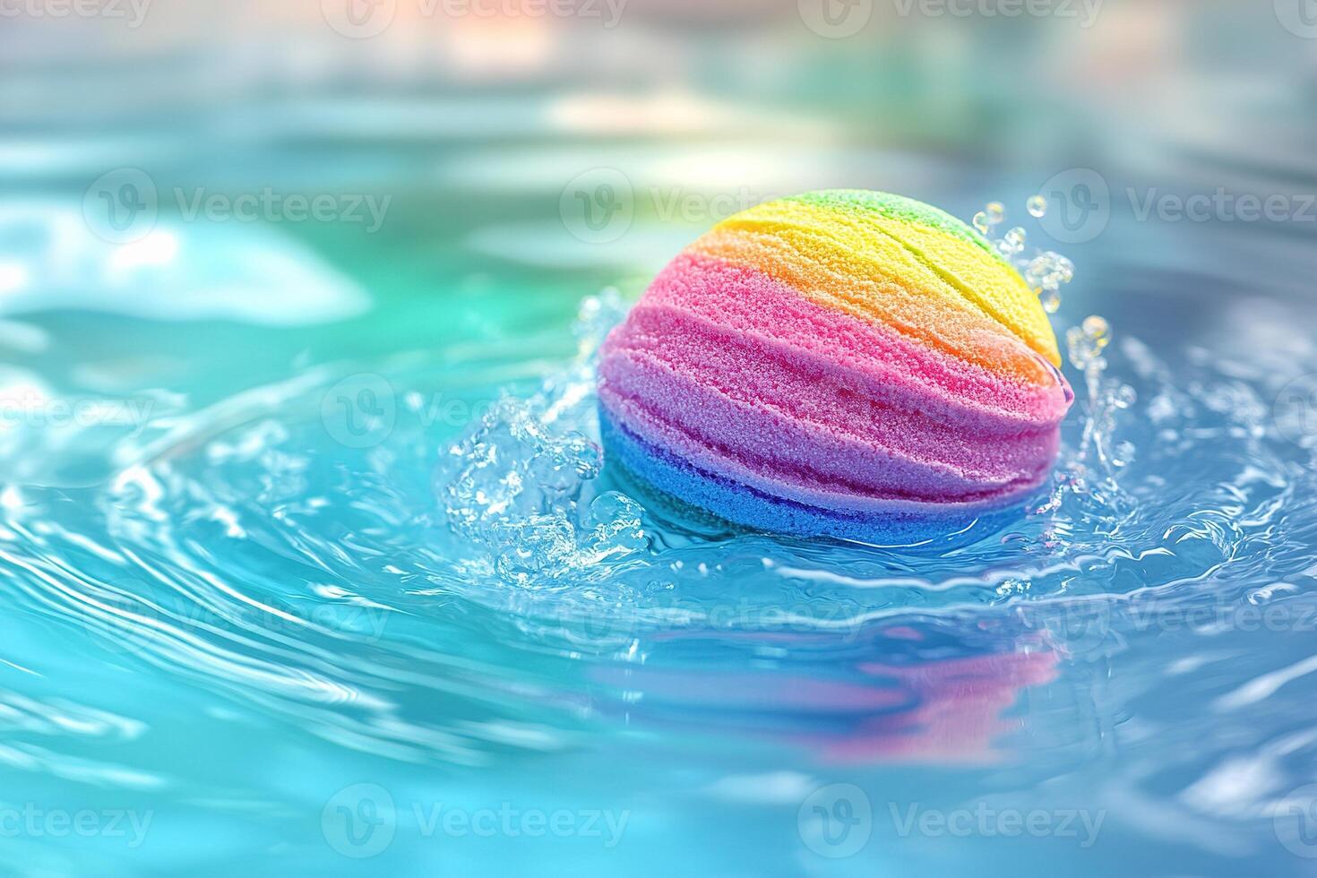 Dissolving rainbow bath bomb in clear water creating vibrant patterns and large space for text overlay in ultra-HD resolution photo