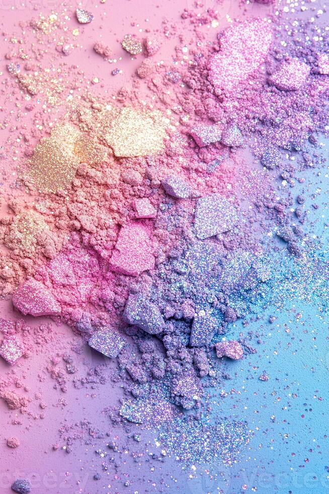 Scattered pastel eyeshadow pigments in shimmering colors on a soft rainbow gradient background offering a magical and playful atmosphere photo