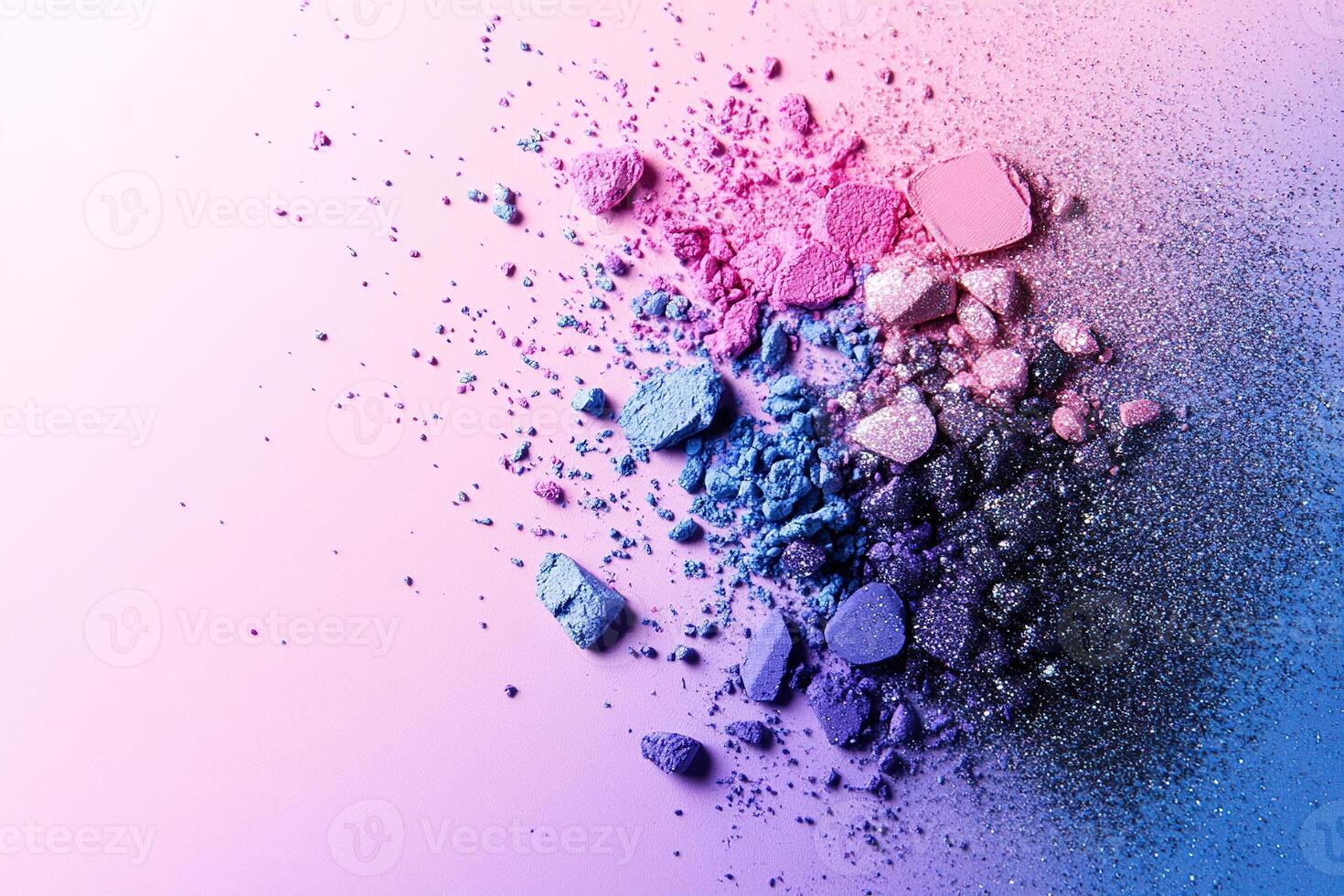 Scattered pastel eyeshadow pigments create a magical and playful atmosphere on a vibrant rainbow gradient background photo