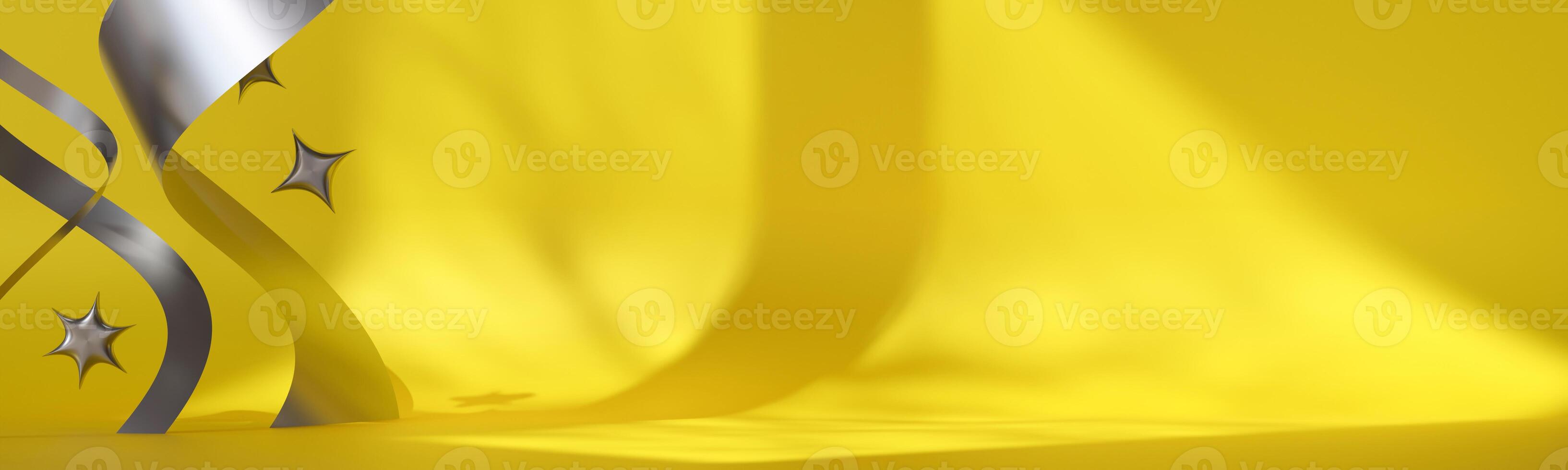 A striking backdrop displays bright chrome stars and abstract shapes. The setup creates a festive atmosphere suitable for sale promotions or events. Copy space for text or product display. 3D render. photo