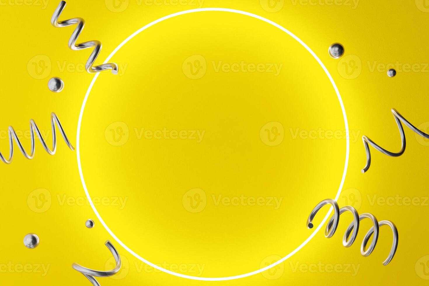 A bright yellow backdrop is highlighted by swirling silver spirals and small spherical shapes. Sale background with copy space in the middle. 3D rendering. photo