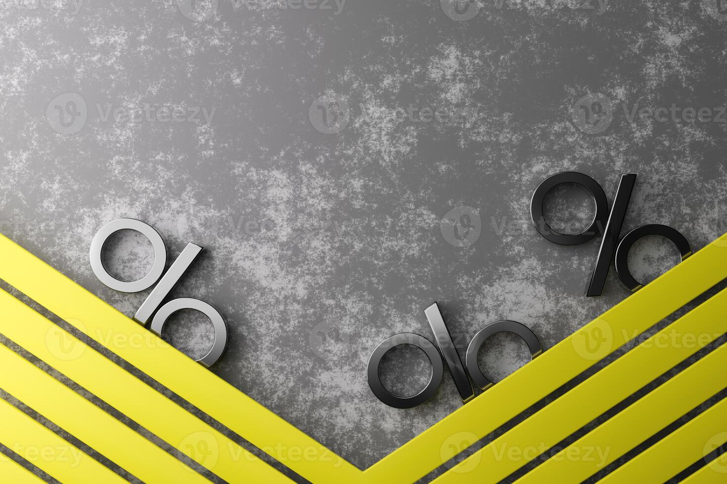 Black percentage symbols are arranged on a textured gray surface, accented by bright yellow diagonal stripes, creating a vibrant visual for a sale promotion in a modern design context. Copy space. 3D. photo