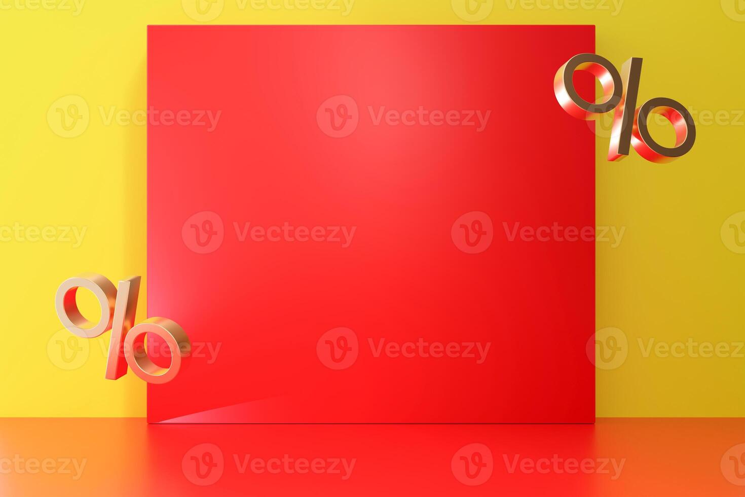 Bold red square is centered on bright yellow background, accompanied by shiny gold percentage signs. This setting creates an eye-catching design for a sale advertisement. Copy space. 3D. photo