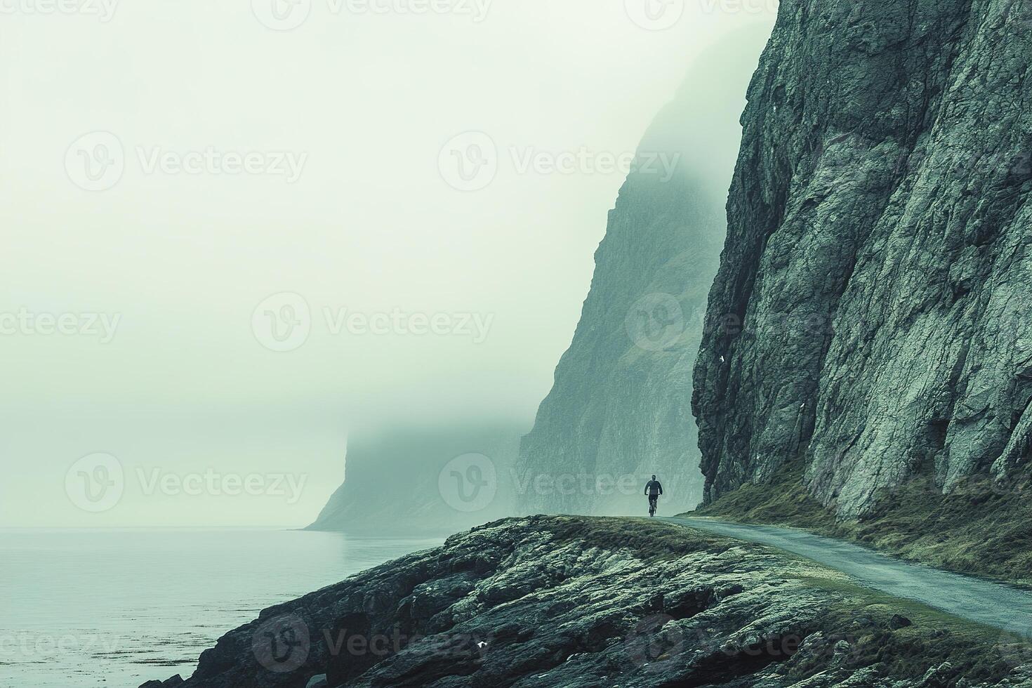 A cyclist rides along a winding Nordic coastal road with breathtaking views of cliffs and the ocean, embodying a spirit of adventure in soft muted tones and ample space for text overlay photo