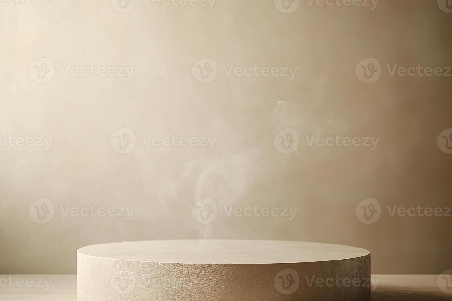 Soft gray smoke gently ascends, intertwining with a smooth beige surface, evoking a sense of calm. This minimalist setup invites creativity and offers ample space for text overlay photo