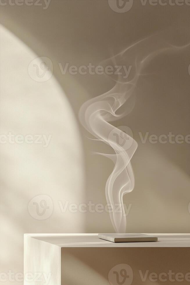 Gentle gray smoke rises gracefully across a smooth beige surface, creating an elegant backdrop that exudes calmness and sophistication, perfect for text overlay and design photo