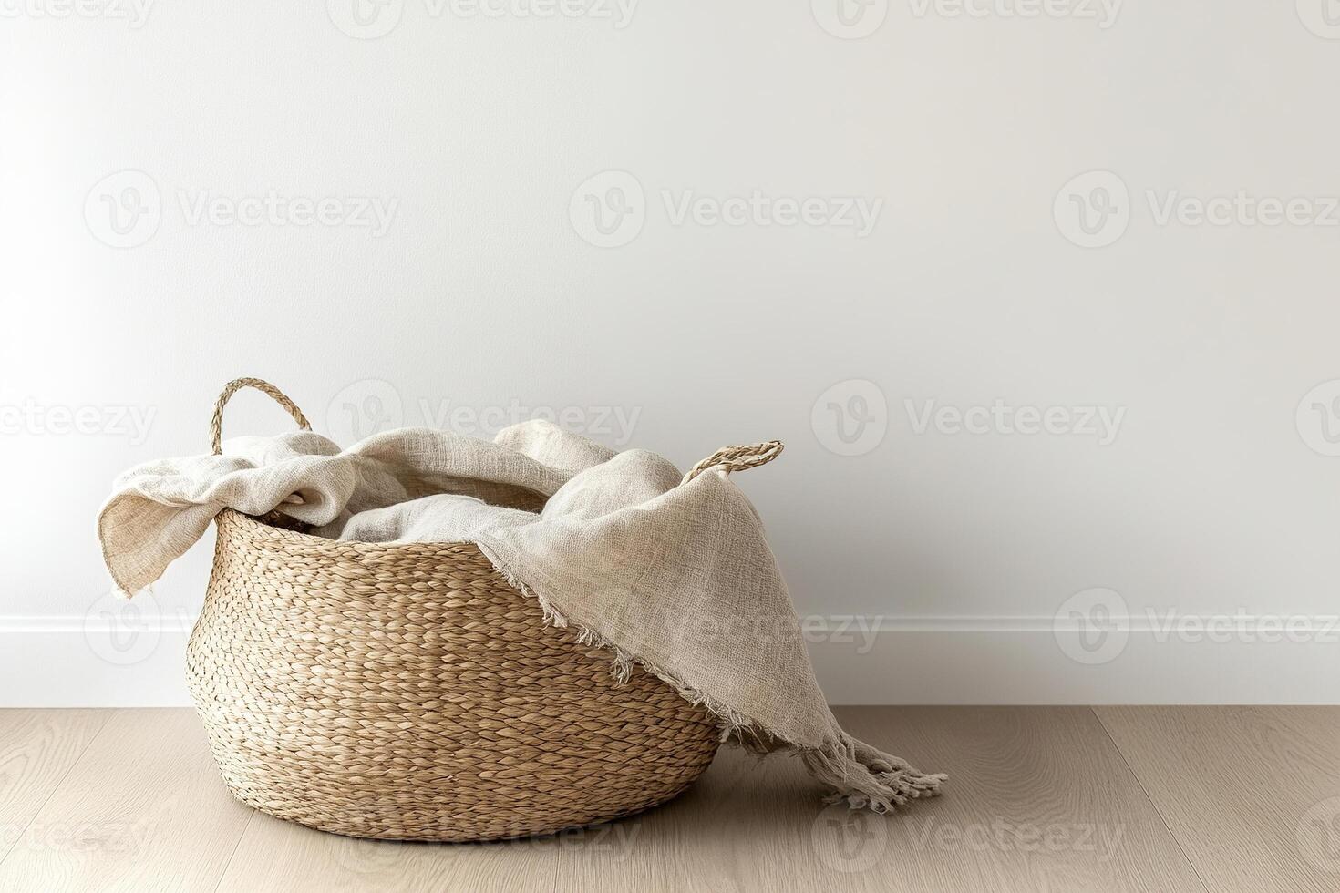 A cozy woven basket holds a soft linen blanket in muted beige hues, set against a light wooden floor. The space is inviting and showcases minimalism, perfect for text overlay photo