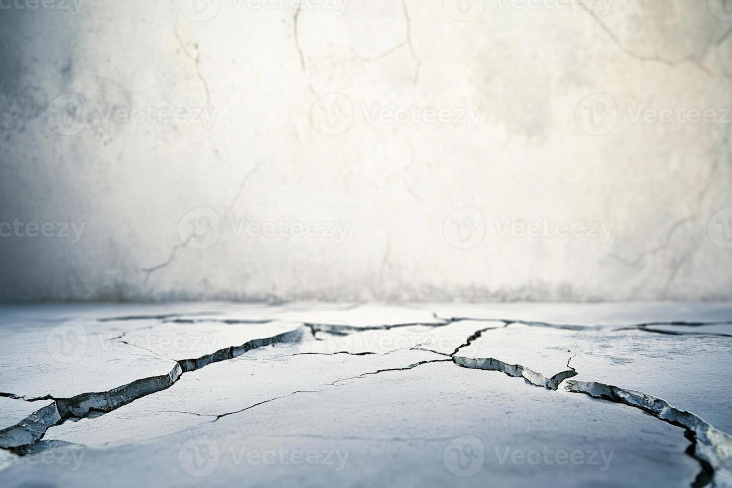 Rough concrete wall features deep cracks and texture, creating a gritty minimalist backdrop. Light gray surface offers ample room for text, ideal for contemporary design purposes photo