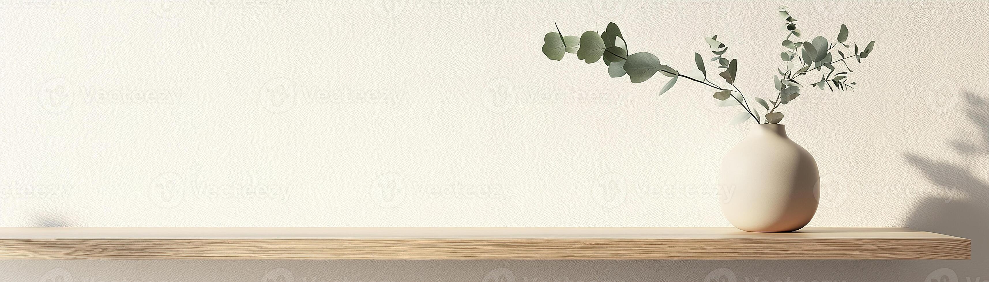 A serene light oak shelf holds a matte ceramic vase in soft beige, featuring a sprig of eucalyptus. The background offers a calm, neutral backdrop with plenty of space for text photo