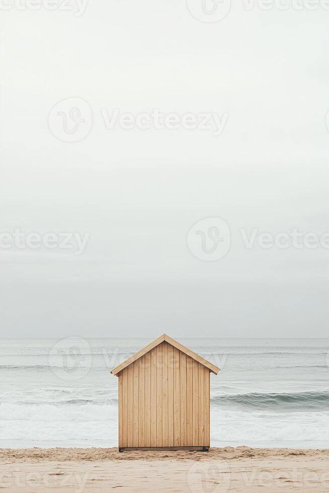 A minimalist wooden beach hut in neutral tones stands alone on a smooth sandy beach. Soft waves gently lap the shore, creating a serene and modern atmosphere perfect for relaxation photo