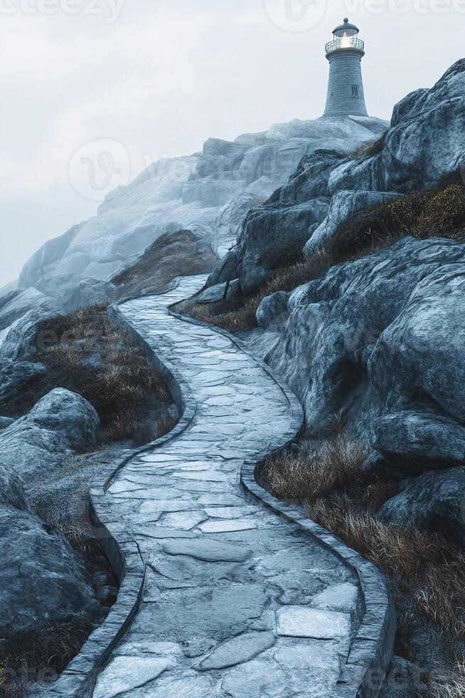 A serene pathway winds through a rocky coastline, approaching a lighthouse perched above the waves, enveloped in soft blue and gray tones. The atmosphere captures a tranquil Nordic adventure photo