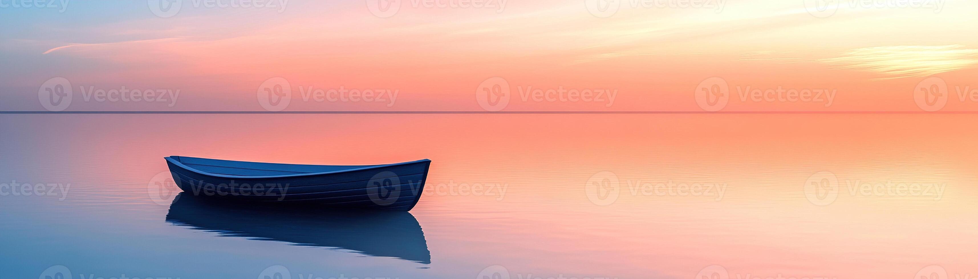 A peaceful Nordic sunset unfolds over calm waters, with soft pink, orange, and blue hues reflecting beautifully. A small wooden boat adds charm to the tranquil landscape photo