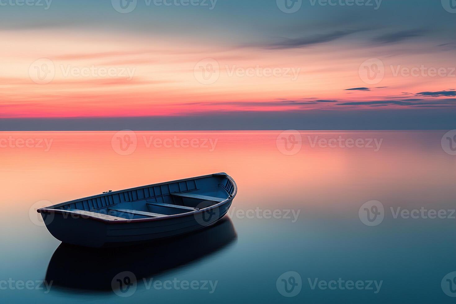 A serene Nordic sunset paints the sky with soft pink, orange, and blue hues while calm waters create perfect reflections. A small wooden boat adds elegance to this tranquil landscape photo