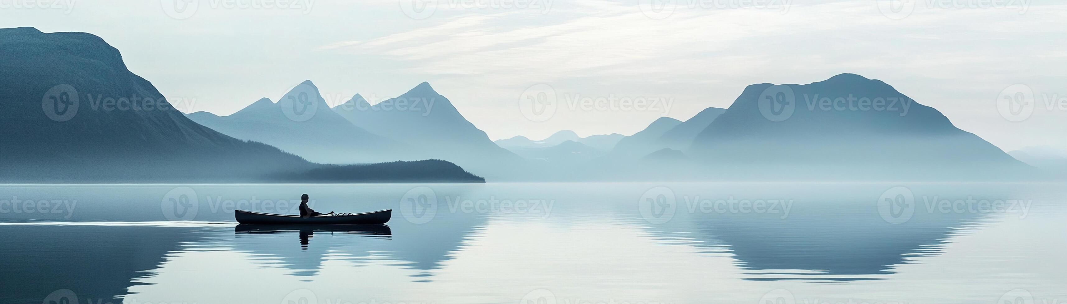 Kayaking on tranquil waters in a Nordic fjord creates a serene atmosphere, complemented by soft pastel skies and muted gray mountains. A perfect getaway for adventure seekers photo