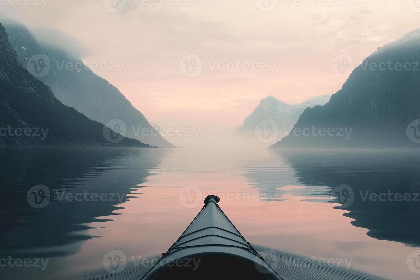 A solitary kayak glides over still waters in a Nordic fjord, framed by soft pastel skies and muted gray mountains. This serene setting invites adventure and contemplation photo