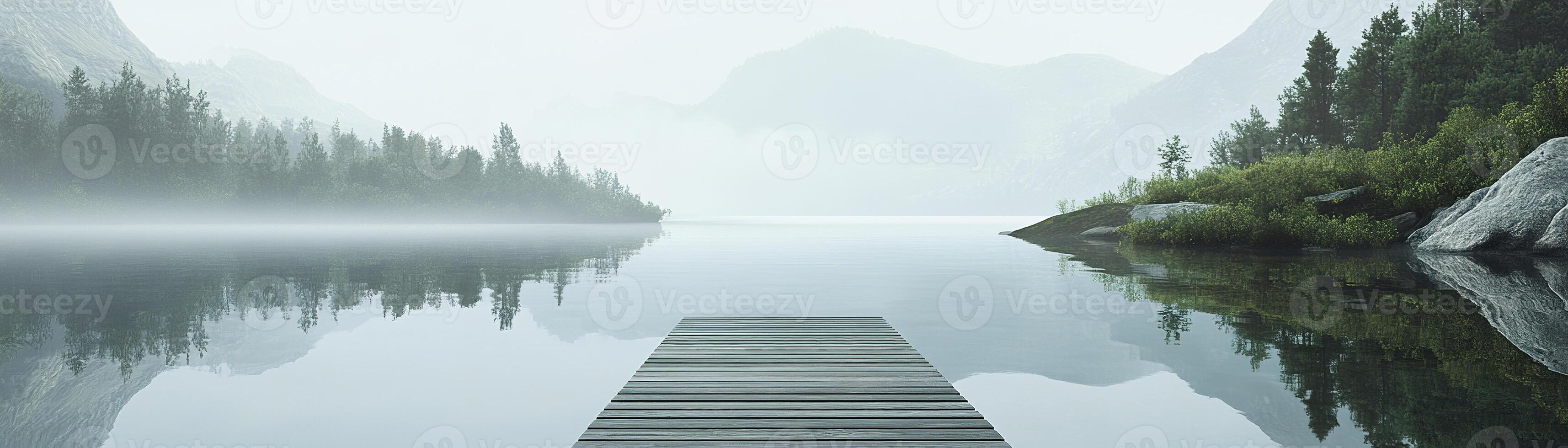 A calm mountain lake features a wooden dock extending into reflective waters, surrounded by soft gray mountains and lush green forests, inviting tranquility and peace photo