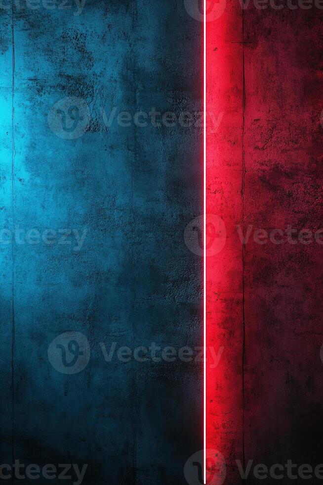 Dark concrete walls with striking blue and red neon accents create a moody, modern industrial atmosphere, providing ample space for bold text and design elements photo