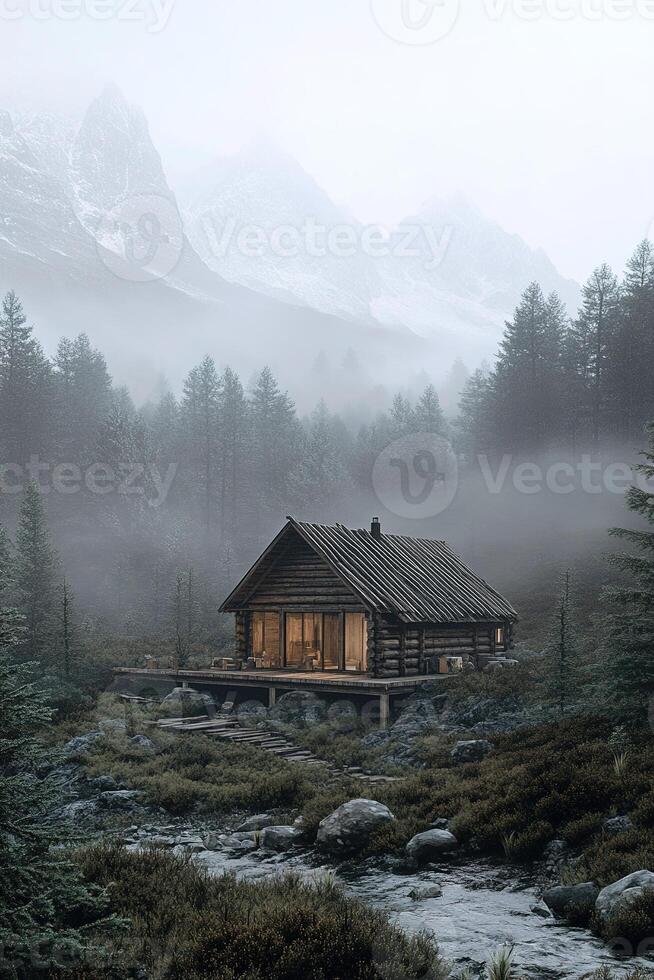Set in a remote wilderness area, this Nordic-style wooden cabin offers a tranquil escape. Surrounded by misty mountains and towering pine trees, it radiates rustic charm photo