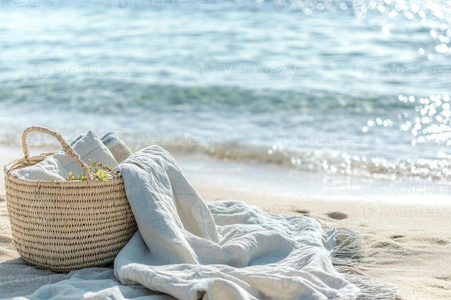 A light linen blanket and a woven basket with pastel-colored items are placed on a serene shoreline. Soft waves lap gently, creating a tranquil atmosphere perfect for unwinding photo